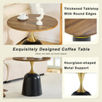 Round Side Table with Walnut Wood Grain Top, Black Metal Base with Gold Accent, Modern Minimalist Coffee Table for Living Room, Bedroom, Office (Walnut)