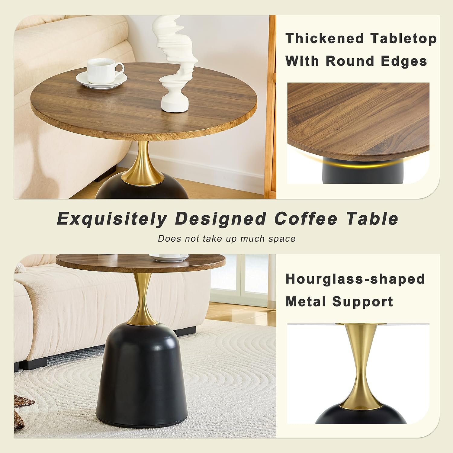 Round Side Table with Walnut Wood Grain Top, Black Metal Base with Gold Accent, Modern Minimalist Coffee Table for Living Room, Bedroom, Office (Walnut)
