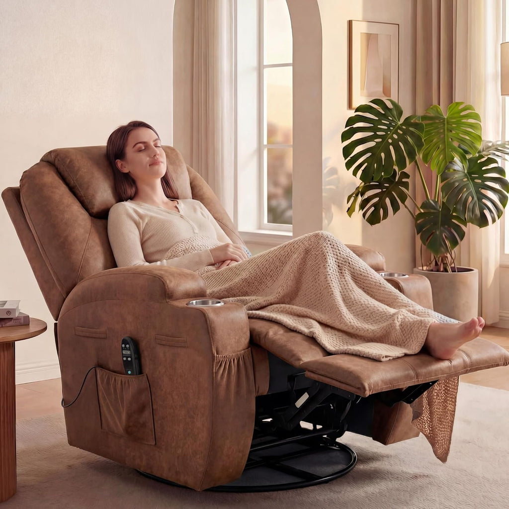 JUMMICO Small Swivel Rocker Recliner, 360 Rocking Chair Recliner with Massage, Upholstered Leathaire Rocker Recliner with Cup Holder for Living Room, Bedroom, Nursery (Dark Brown)