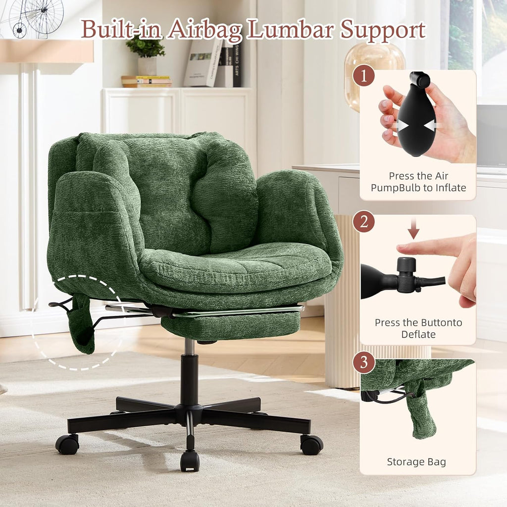 Criss Cross Office Chair with Foot Rest, 5 Gears Adjustable Armrests, Cross Legged Desk Chair with Flip Lumbar Pillow, Built-in Airbag, Wide Seat Chairs for Home Office Makeup Meditation, Light Green