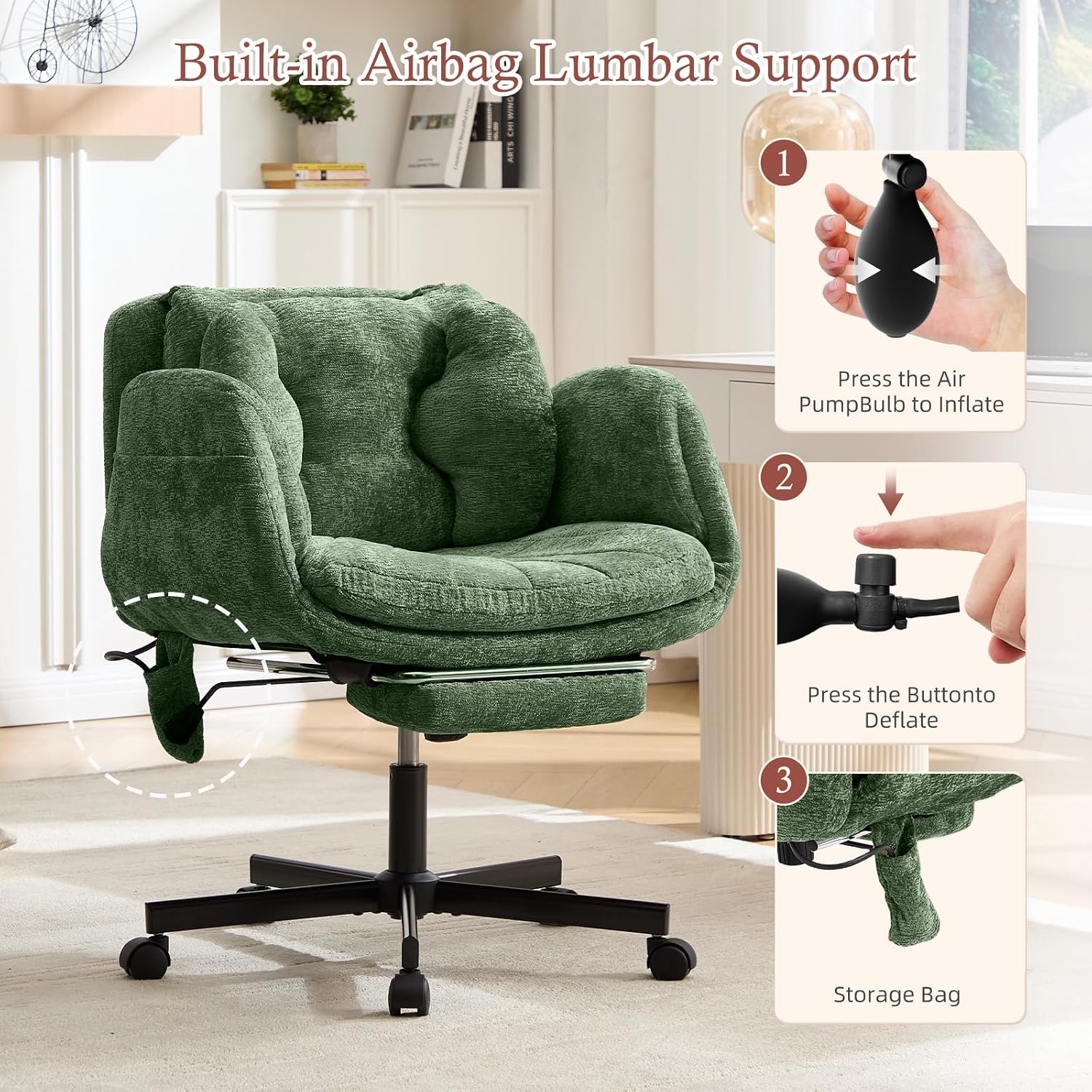 Criss Cross Office Chair with Foot Rest, 5 Gears Adjustable Armrests, Cross Legged Desk Chair with Flip Lumbar Pillow, Built-in Airbag, Wide Seat Chairs for Home Office Makeup Meditation, Light Green