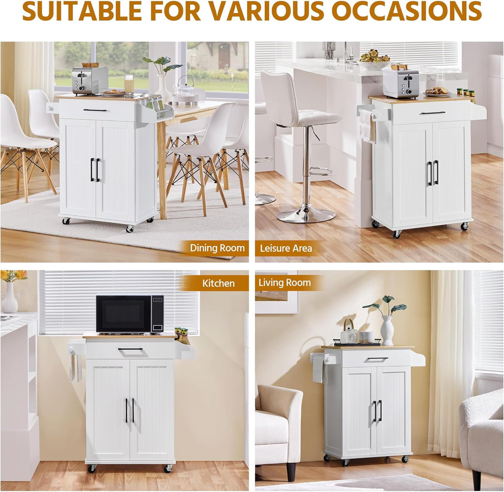 Yaheetech Kitchen Cart with Drawer, Kitchen Island on Wheels with Storage Rack & Cabinets, Microwave Cart for Kitchen with Storage, Rolling Coffee Cart Station, White