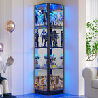 Dystler Corner Display Cabinet with Glass Doors, 68" Display Case with LED Lights, 4-Tier Curio Cabinets for Collectibles, Toys, Books, Modern Storage Cabinet, Black