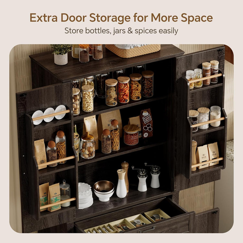 Ball & Cast Farmhouse Kitchen Pantry Cabinet, Brown, 71 Inch | Adjustable shelves, microwave shelf, wine rack & drawer storage