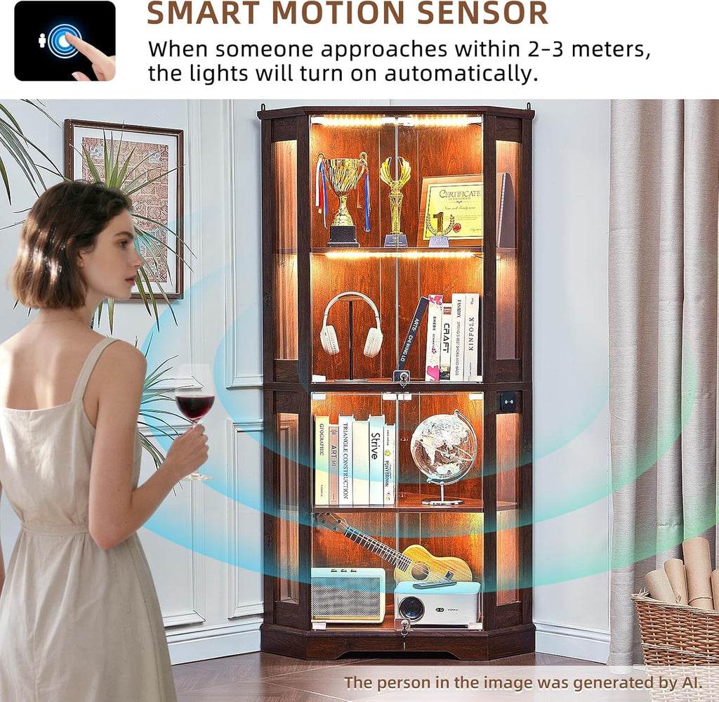 LELELINKY Farmhouse Corner Display Cabinet with Glass Doors, Corner Curio Cabinet with 3-Color LED Motion-Sensor Light, Reinforced Base, Walnut