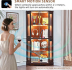 LELELINKY Farmhouse Corner Display Cabinet with Glass Doors, Corner Curio Cabinet with 3-Color LED Motion-Sensor Light, Reinforced Base, Walnut