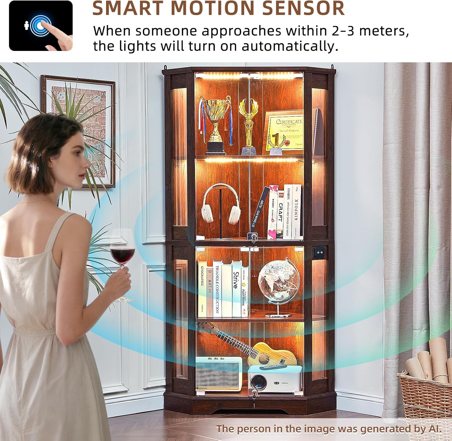 LELELINKY Farmhouse Corner Display Cabinet with Glass Doors, Corner Curio Cabinet with 3-Color LED Motion-Sensor Light, Reinforced Base, Walnut