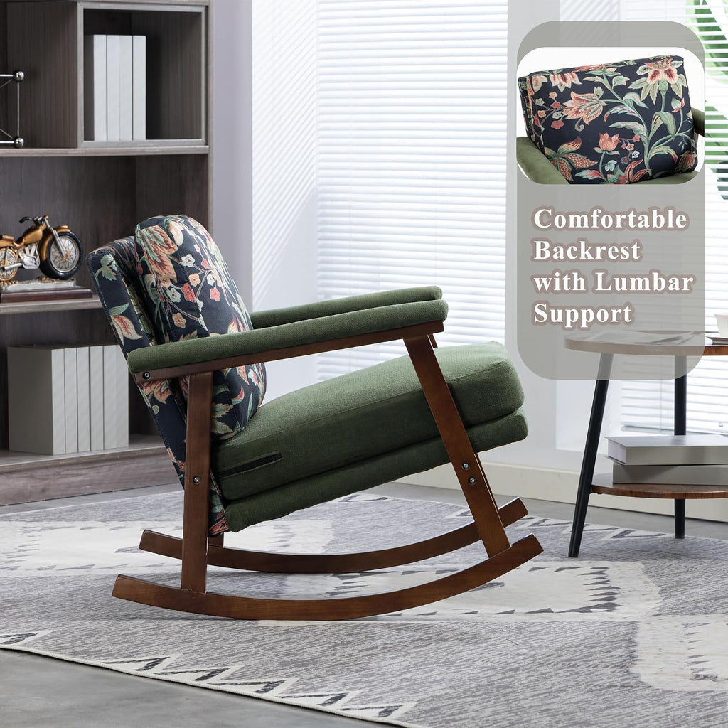 Rocking Chair Nursery with Sponge Cushion, Comfortable Accent Chair with Lumbar Support, Glider Armchair with Removable Seat & Back Pad for Living Room Bedroom Office Sunroom Indoor, Antique Green