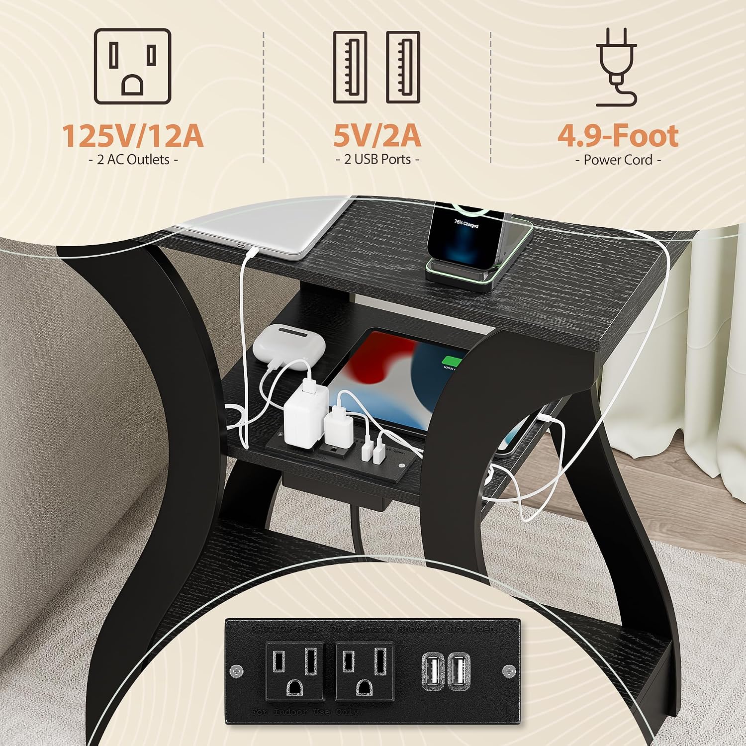 SUPER DEAL End Table Set of 2, Curved Frame Nightstand, Narrow Side Table with Charging Station for Living Room, Bedroom, Small Spaces, 2 USB and 2 Power Outlets, 19.6" W x 11.8" D x 23.4" H, Black