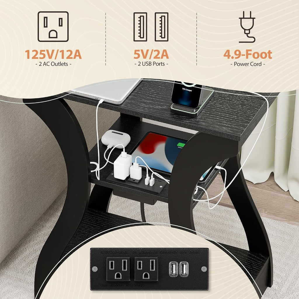 ZENY End Tables Set of 2 with Charging Station, Side Table with USB Ports and Outlets, 3 Tier Nightstand with Storage Shelf for Living Room, Bedroom, Black