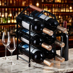 Wine Rack countertop Wine Bottle Holder Metal Wine Rack, Industrial Style Honeycomb Design 6-Bottle Wine Storage with Wooden Handle, Easy Installation,for Home Kitchen Bar/Cabinet