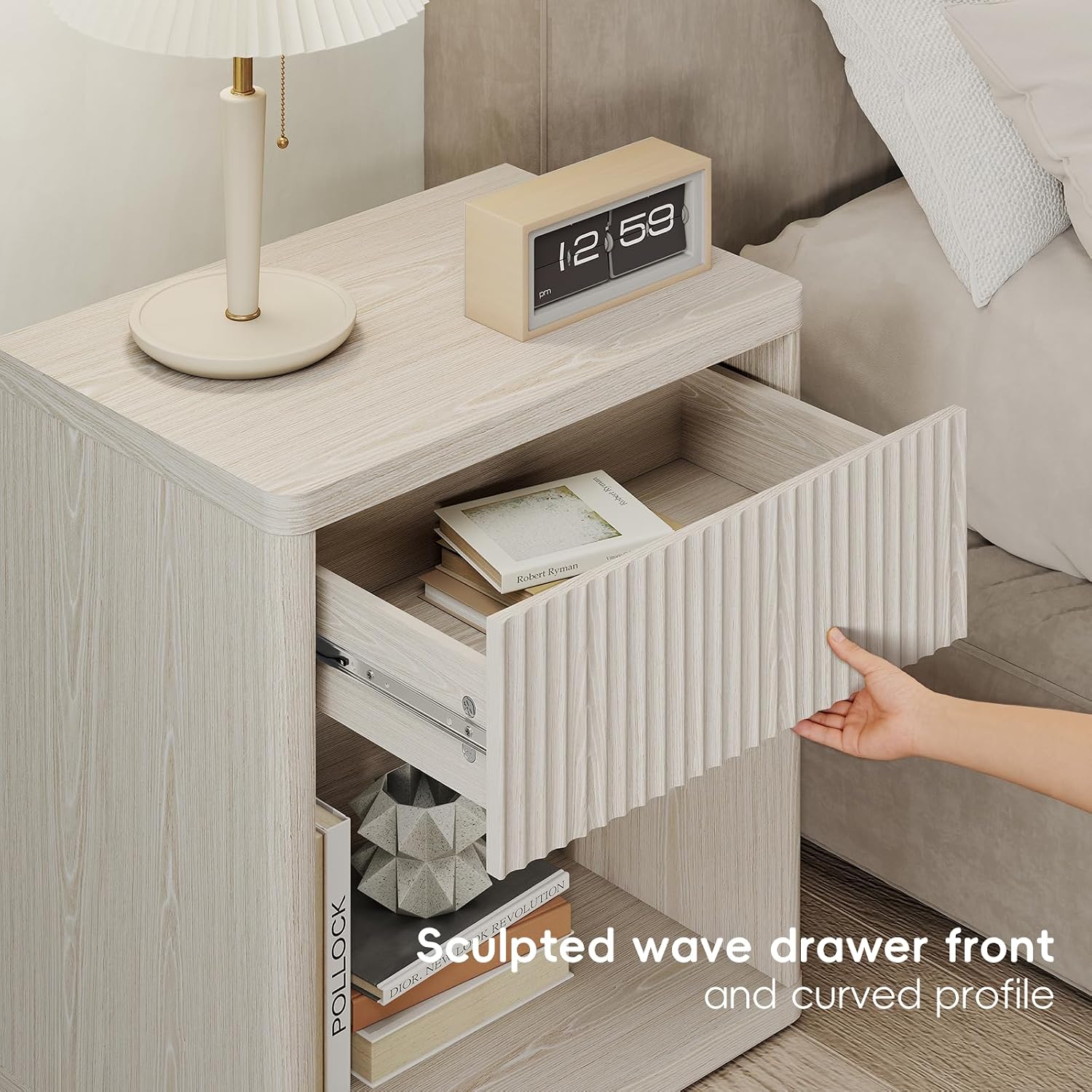 LubanNese Fluted Nightstand with Drawer, Modern Night Stand, Bed Side Table with Storage, End Table Large Wide Bedside Stand, Mid Century Night Stands for Bedroom Living Room, Oatmeal Ash
