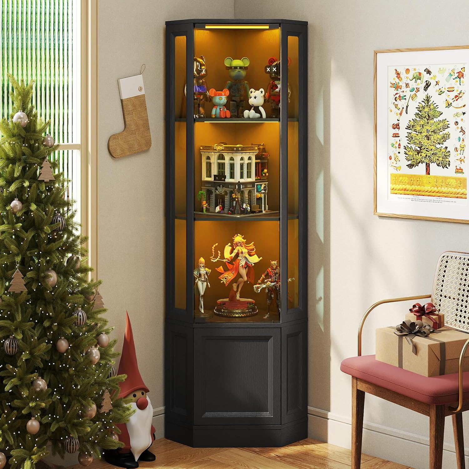 Verano Garden Corner Display Cabinet with Glass Doors, 65" Curio Cabinet w/Multi-Color LED Lights, 4-Tier Lighted Storage Display Case for Collectibles, Showcase Cabinet for Living/Game Room (Black)