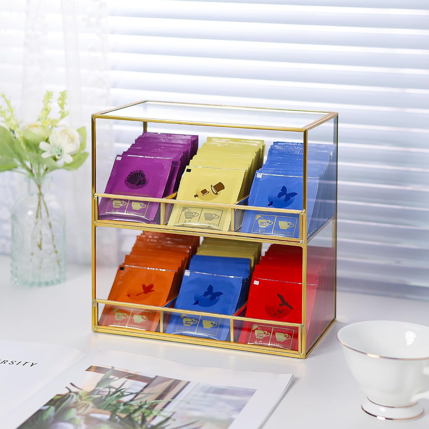 REDHUGO Glass Tea Bag Organizer for Counter, 2-Tier Teabag Organizer Storage Holder for Tea Bags, Glass Caddy Box Containers, Rack Teabag Station Stand for Cabinet Kitchen, 2-Tier, Gold
