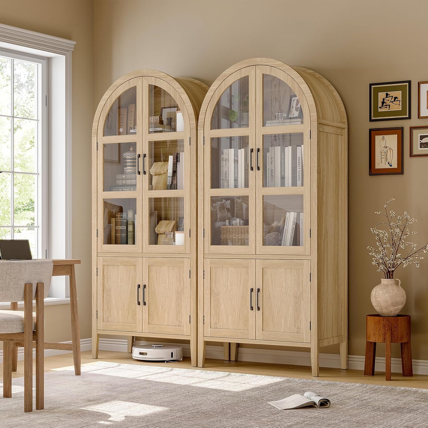 ONBRILL 71" Tall Arched Cabinet, 5-Tier Arched Kitchen Pantry with Glass Doors & Shelves, Modern Display Storage Cabinets with Adjustable Feet, Wooden Pantry Cabinet for Living Room, Dining Room