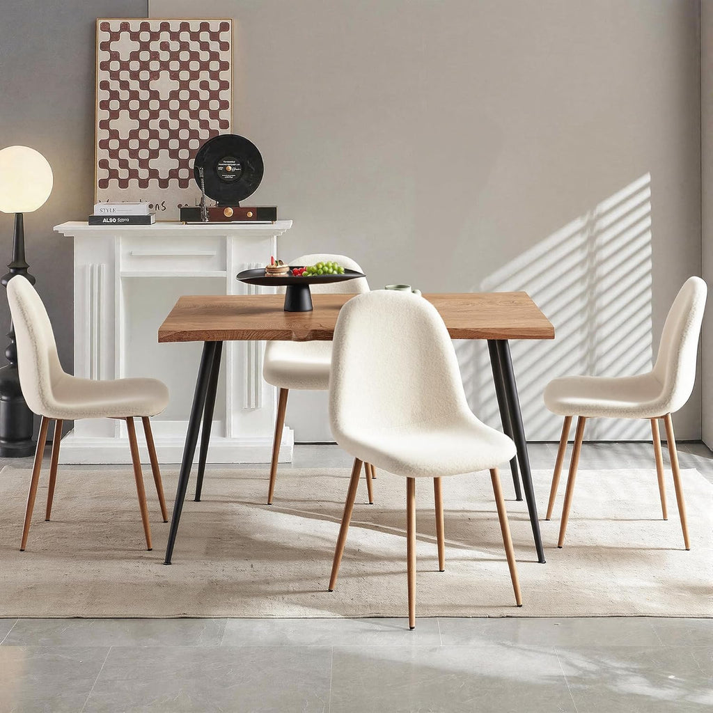 Howtek 5 Piece Dining Table Set, Modern Rectangular Kitchen Dining Room Table with 4 Teddy Fabric Dining Chairs, Space-Saving Kitchen Table Set for Apartment, Living Room, Small Space