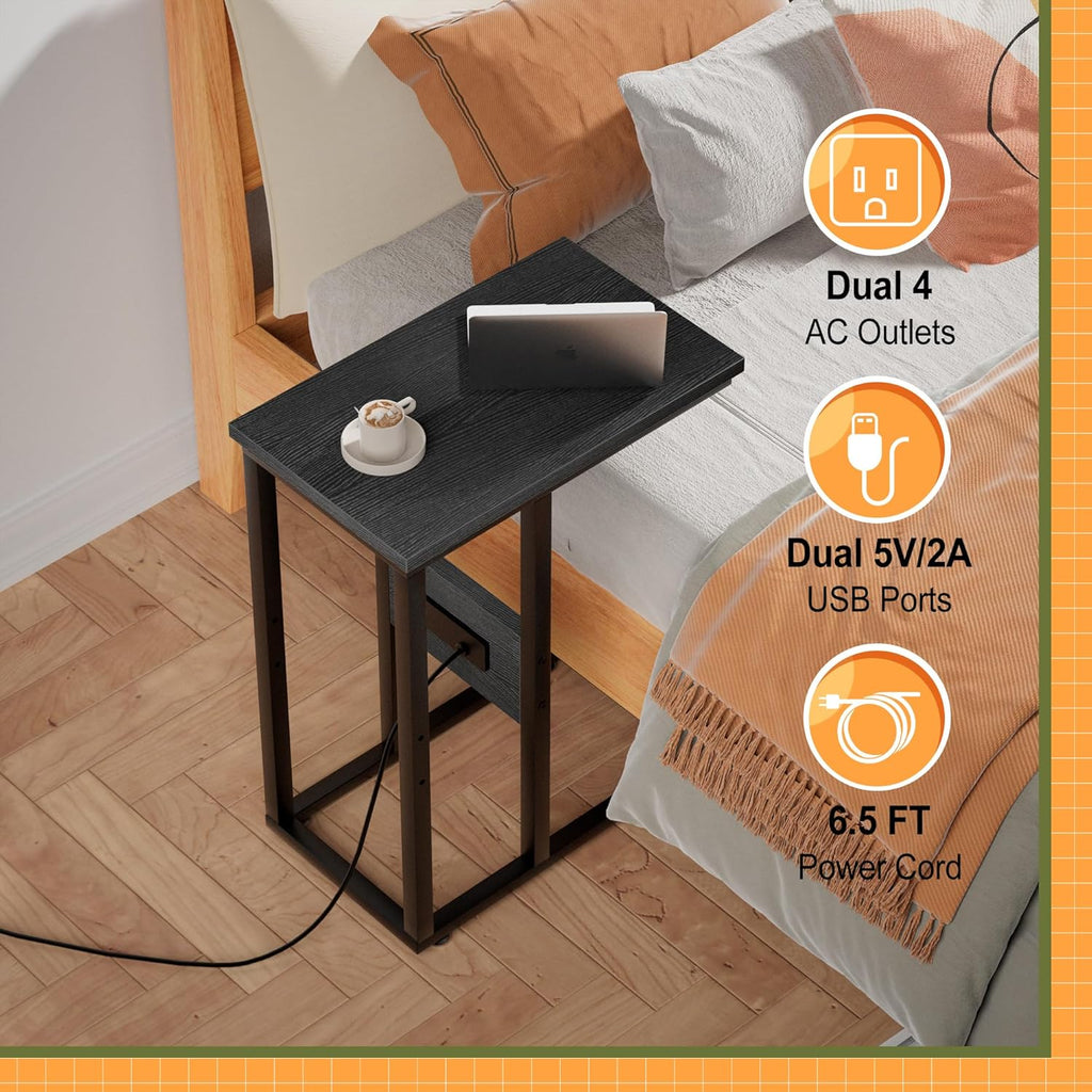 VECELO C Shaped End Table with Charging Station & Power Outlets, Quick Access Side Table for Sofa, C Bedside for Living Room Bedroom 1 Set,Black