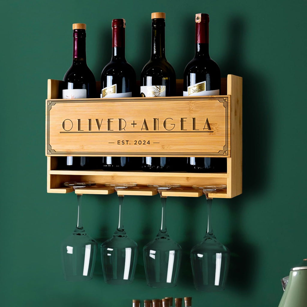 Personalized Wine Rack - Wall Mounted Custom Engraved Holder for 4 Bottles and Glasses - Ideal Gift for Wine Lovers, Weddings, Housewarmings - Customized Names Gifts for Couples