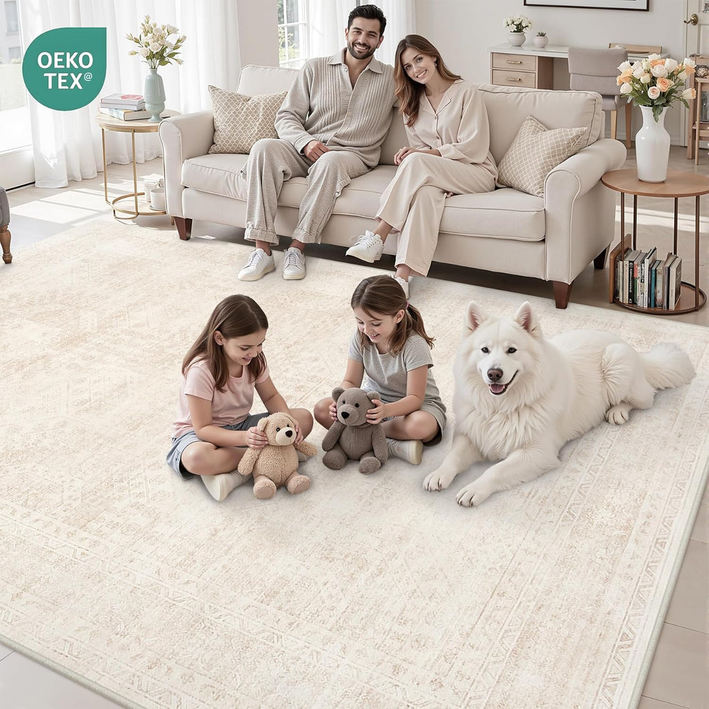 8x10 Area Rugs for Living Room: Vintage Boho Neutral Washable Rug Indoor Soft Large Area Rug Carpet for Bedroom Nursery Farmhouse Dining Room Office Floor Non-Slip Low Pile Under Table Rug Beige