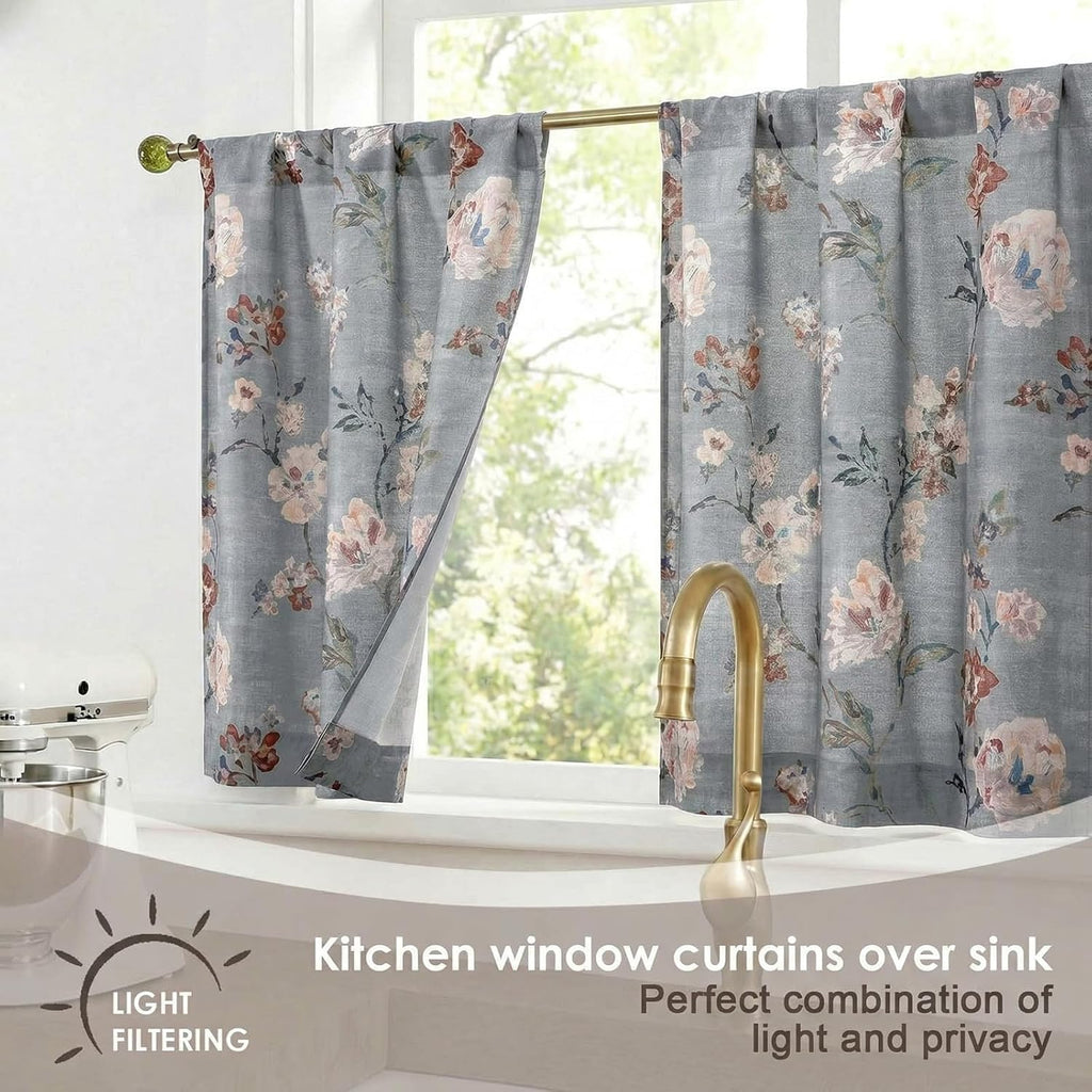 OWENIE Floral Kitchen Cafe Curtains - 36 Inch Length 2 Panels Set, Printed Light Filtering Textured Farmhouse Short Small Half Curtain Tier Drapes for Bathroom Basement, 2 Pcs Each 30W x 36L,Grey