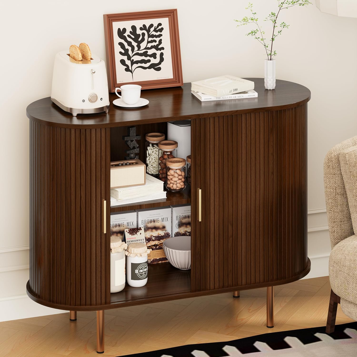 DHH Sideboard Buffet Cabinet with Storage,Mid Century Modern Fluted Accent Coffee Bar Console Table,Tambour Sliding Doors& Adjustable Shelf for Kitchen, Living Room, Entryway(Walnut, 40Inch)
