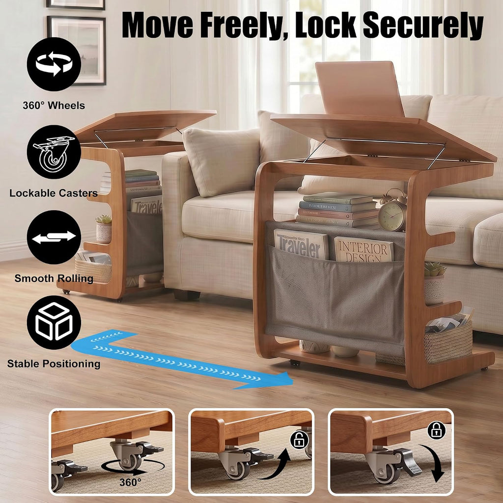 100% Solid Wood C Shaped End Table with Swivel Wheels, Lift Top Couch Table with Storage, Rolling Table that Slide Under Sofa & Bed, 15.75" D x 23.62" W x 24.8" H