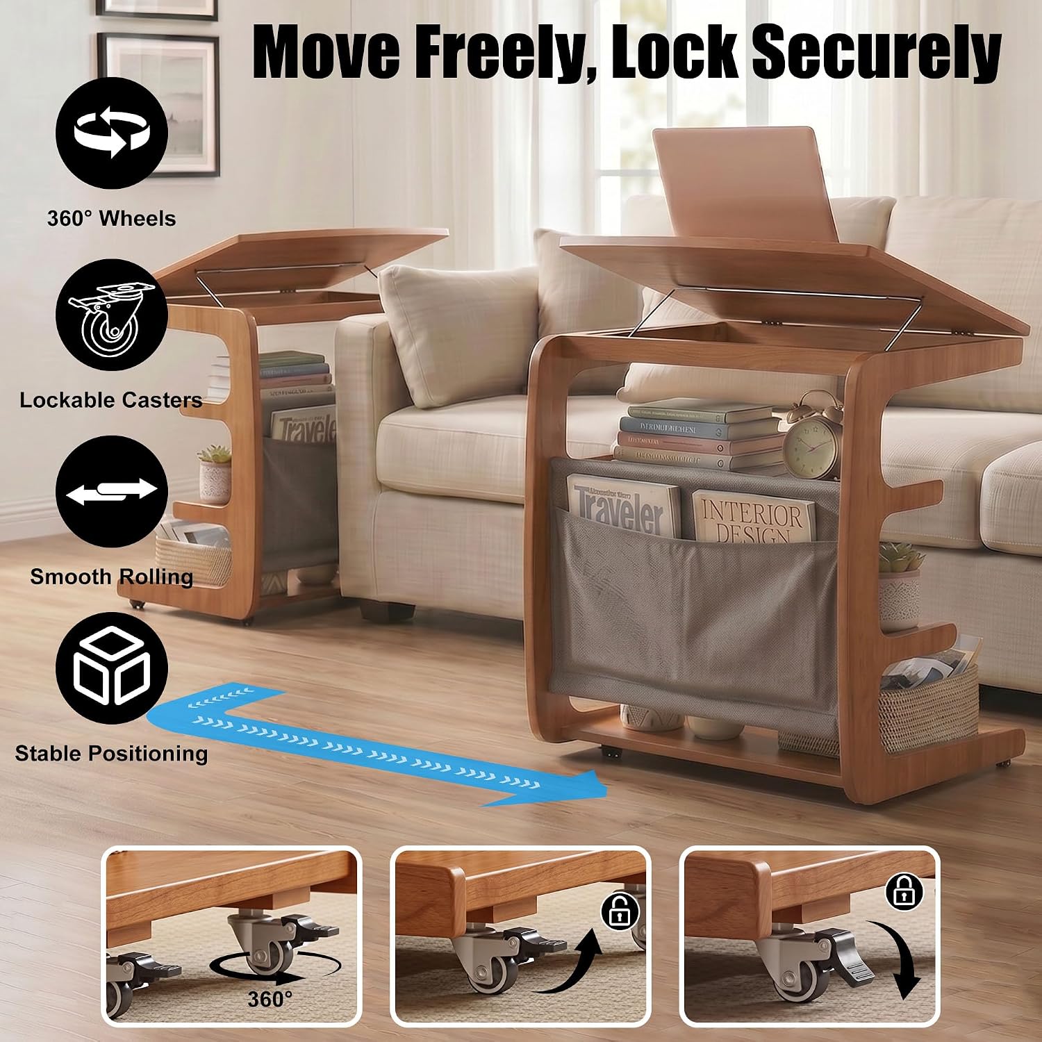 100% Solid Wood C Shaped End Table with Swivel Wheels, Lift Top Couch Table with Storage, Rolling Table that Slide Under Sofa & Bed, 15.75" D x 23.62" W x 24.8" H