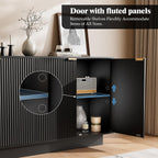 63'' Large Fluted Sideboard Buffet Cabinet, Modern Storage Cabinet with Adjustable Shelf, Console Table Wine Bar Accent Credenza with 4 Doors for Dining Room, Living Room, Hallway(Black)