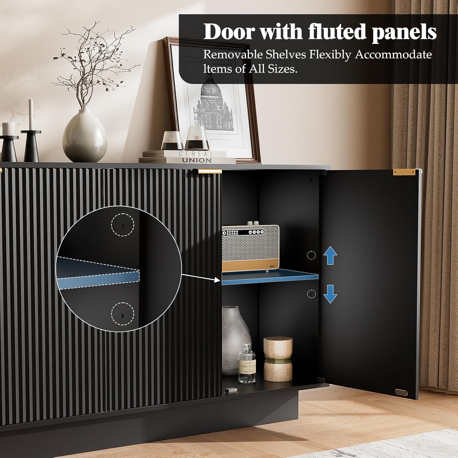 63'' Large Fluted Sideboard Buffet Cabinet, Modern Storage Cabinet with Adjustable Shelf, Console Table Wine Bar Accent Credenza with 4 Doors for Dining Room, Living Room, Hallway(Black)