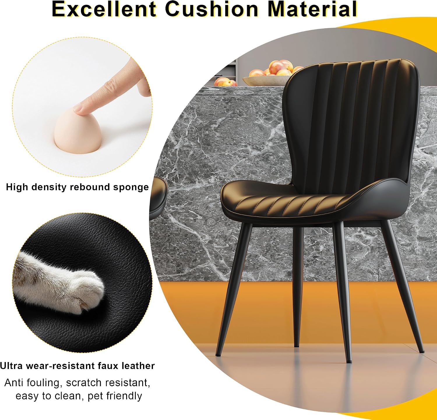 Dining Chairs Set of 6,Black Leather Dining Chair Upholstered,Kitchen Chair,Modern Dining Room Chairs with Black Metal Legs Frame for Restaurant,Dining Room,Cafe