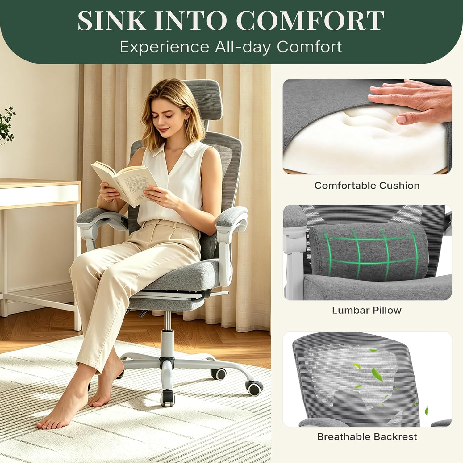 Ergonomic Office Chair with Footrest, High Back Home Desk Chair with Lumbar Support & Headrest, 90-135° Reclining Mesh Back Computer Chair with Wheels for Work, Gaming, Grey