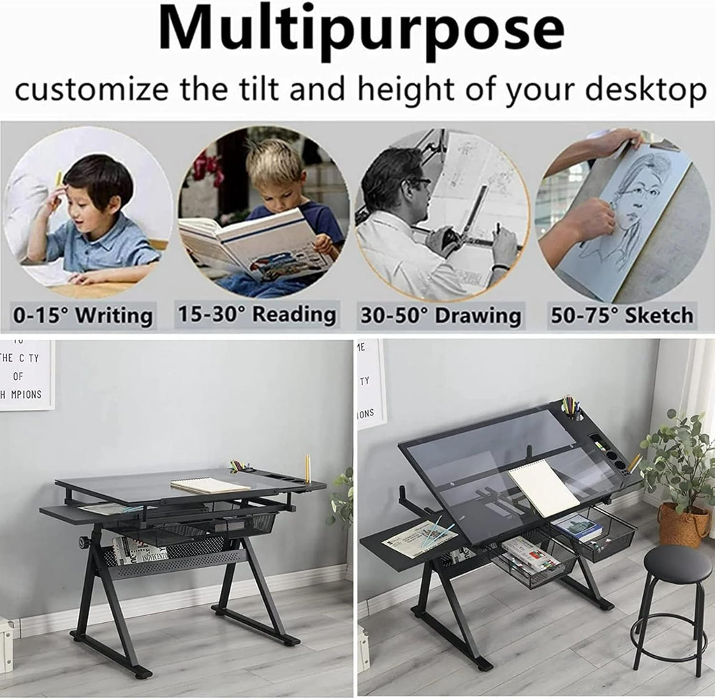 Glass Drafting Table and Stool Sets, Adjustable Height Drawing Table Art Craft Artist Desk Tilting Glass Tabletop with 2 Storage Drawers for Home Office (Black)
