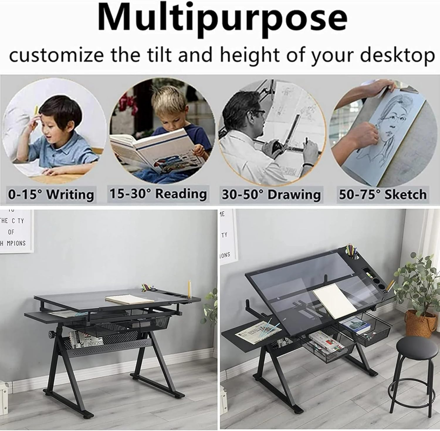 Glass Drafting Table and Stool Sets, Adjustable Height Drawing Table Art Craft Artist Desk Tilting Glass Tabletop with 2 Storage Drawers for Home Office (Black)