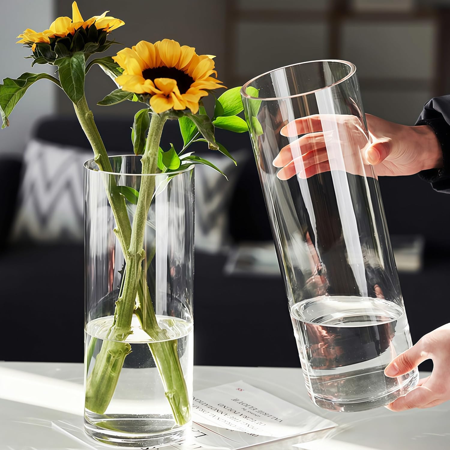 Tall Modern Clear Acrylic Cylinder Flower Vase 4x12 Inch Set of 2 | High Transparency, Unbreakable, Lightweight, Easy To Clean, for Arrangement, Home Decor, Wedding Centerpiece