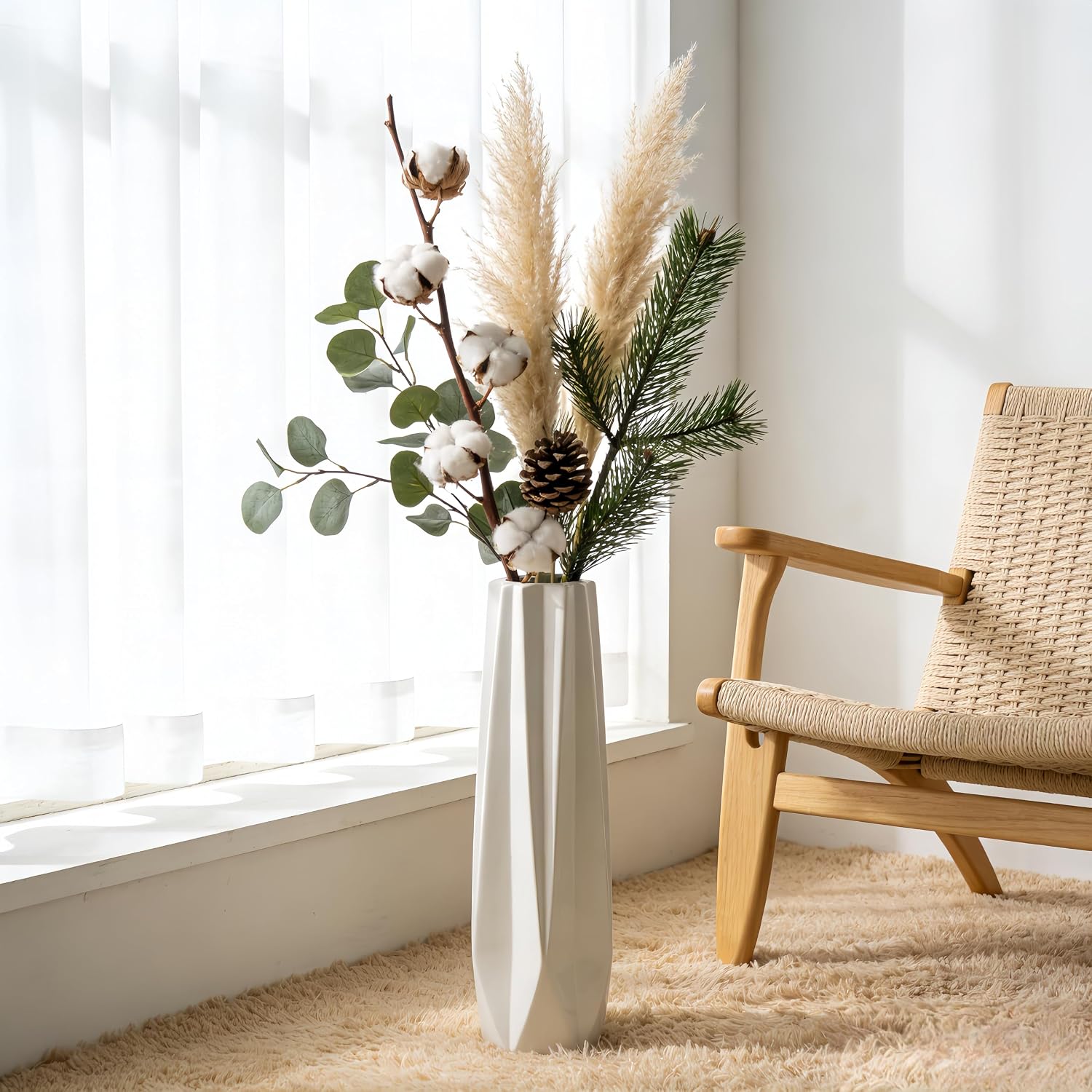 Ceramic Tall Floor Vase, White 17.7" Large Flower Vase Decorative Vases for Pampas Grass Living Room Modern Home Decor Office Bedroom Kitchen Wedding House Décor, Gift for Wedding Housewarming