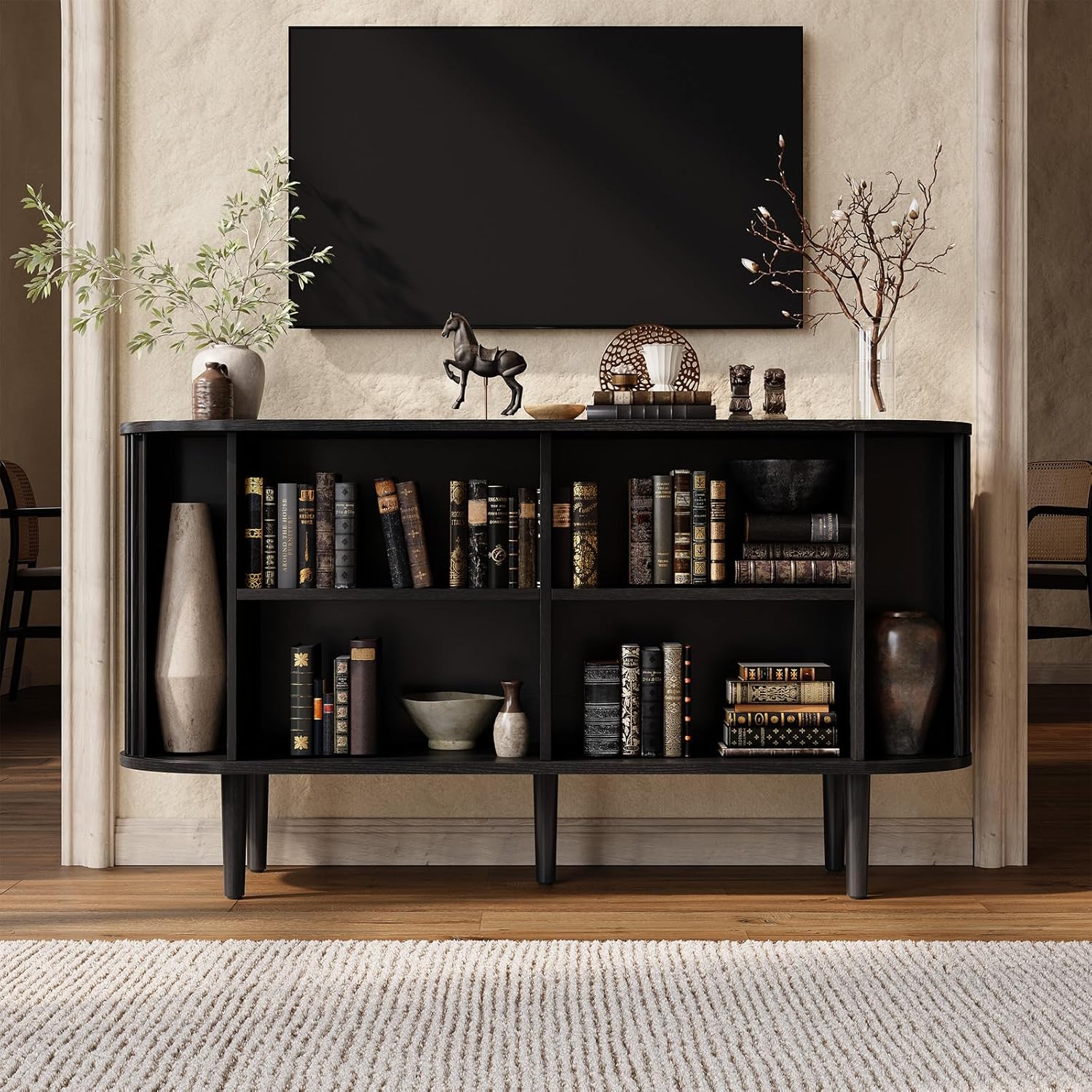 ONBRILL 55" Buffet Sideboard Cabinet with Sliding Doors, Mid-Century Modern Sideboard Buffet Cabinet with Storage & Adjustable Shelves, Accent Coffee Bar Console Table for Kitchen, Entryway, Black