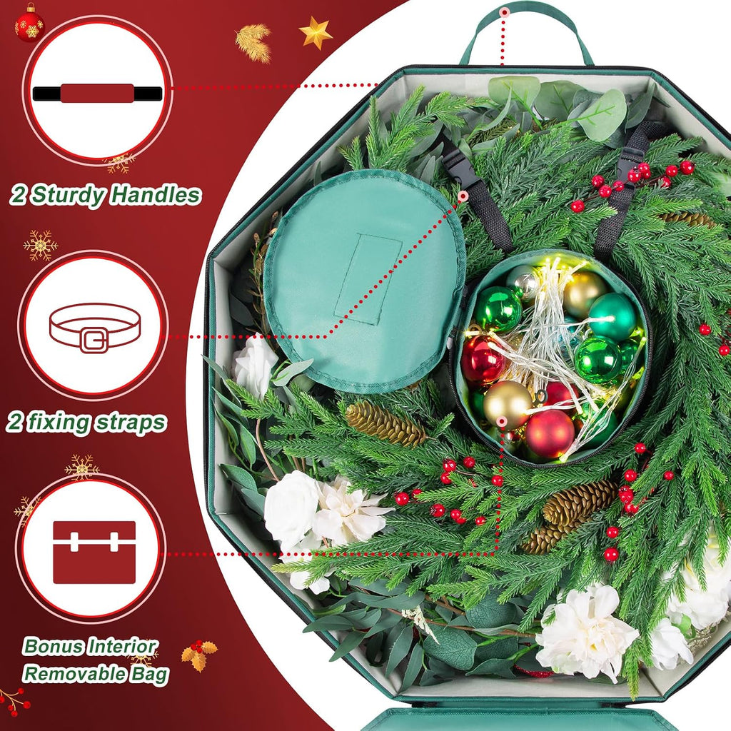 BrilliantJo Wreath Storage Hard Shell Christmas Decorations Case Bag with Interior Pockets 600D Oxford Fabric 24 Inch Xmas Container Box for Holiday Zipper and Handles Labeling Card Slot Green