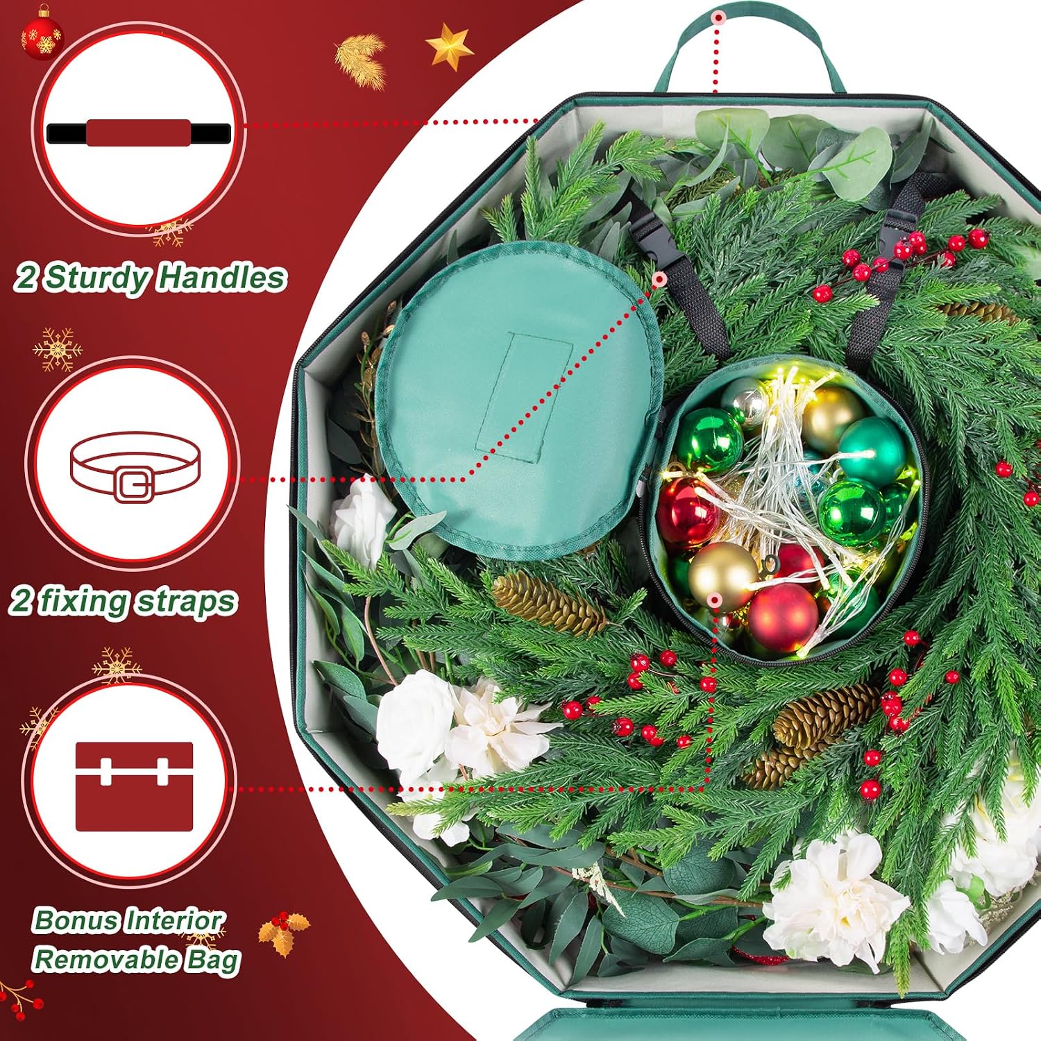 BrilliantJo Wreath Storage Hard Shell Christmas Decorations Case Bag with Interior Pockets 600D Oxford Fabric 24 Inch Xmas Container Box for Holiday Zipper and Handles Labeling Card Slot Green