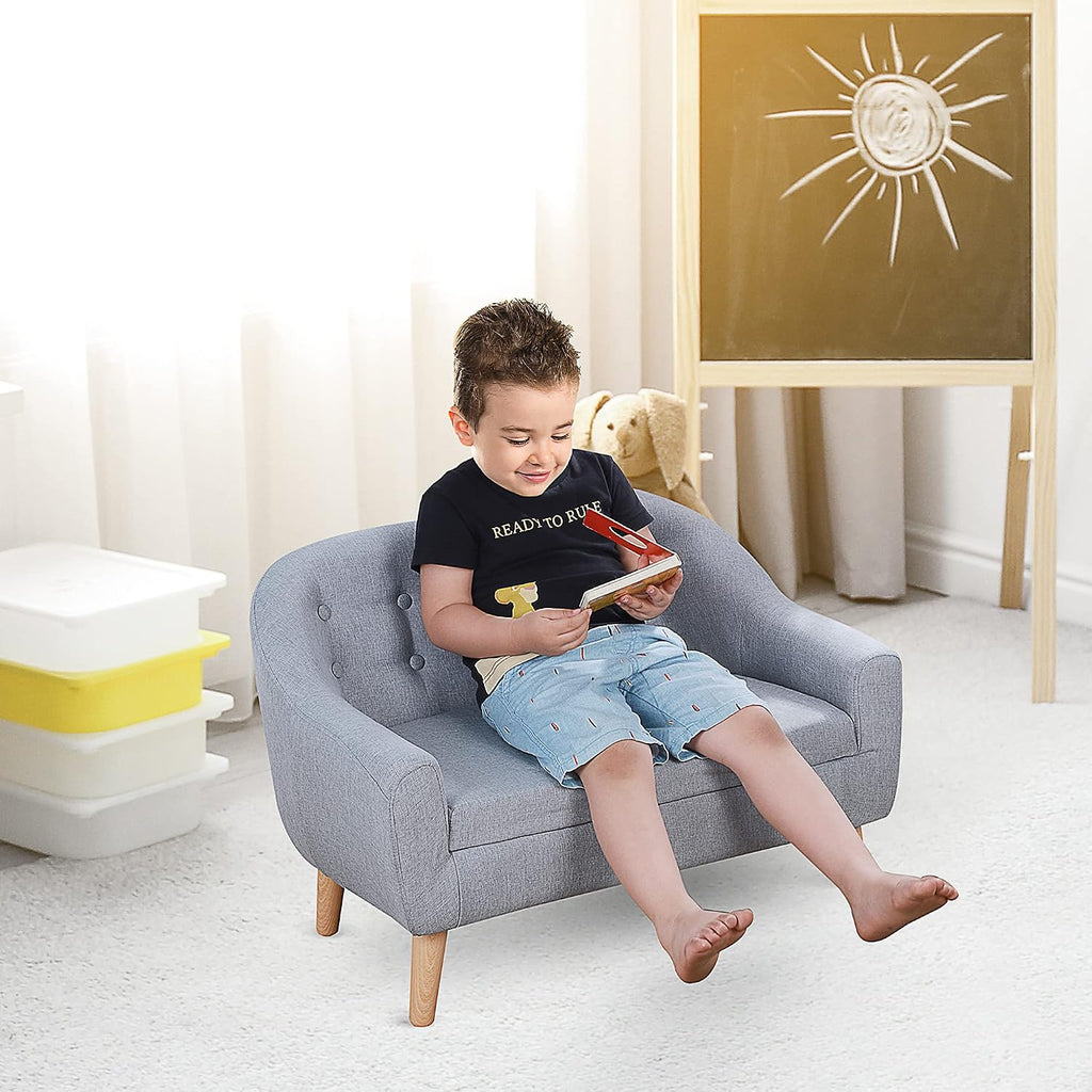 2 Seat Sofa Linen Fabric and Wooden e Sofa for and Toddlers Ages 3 7, 11" High Seat, Gray
