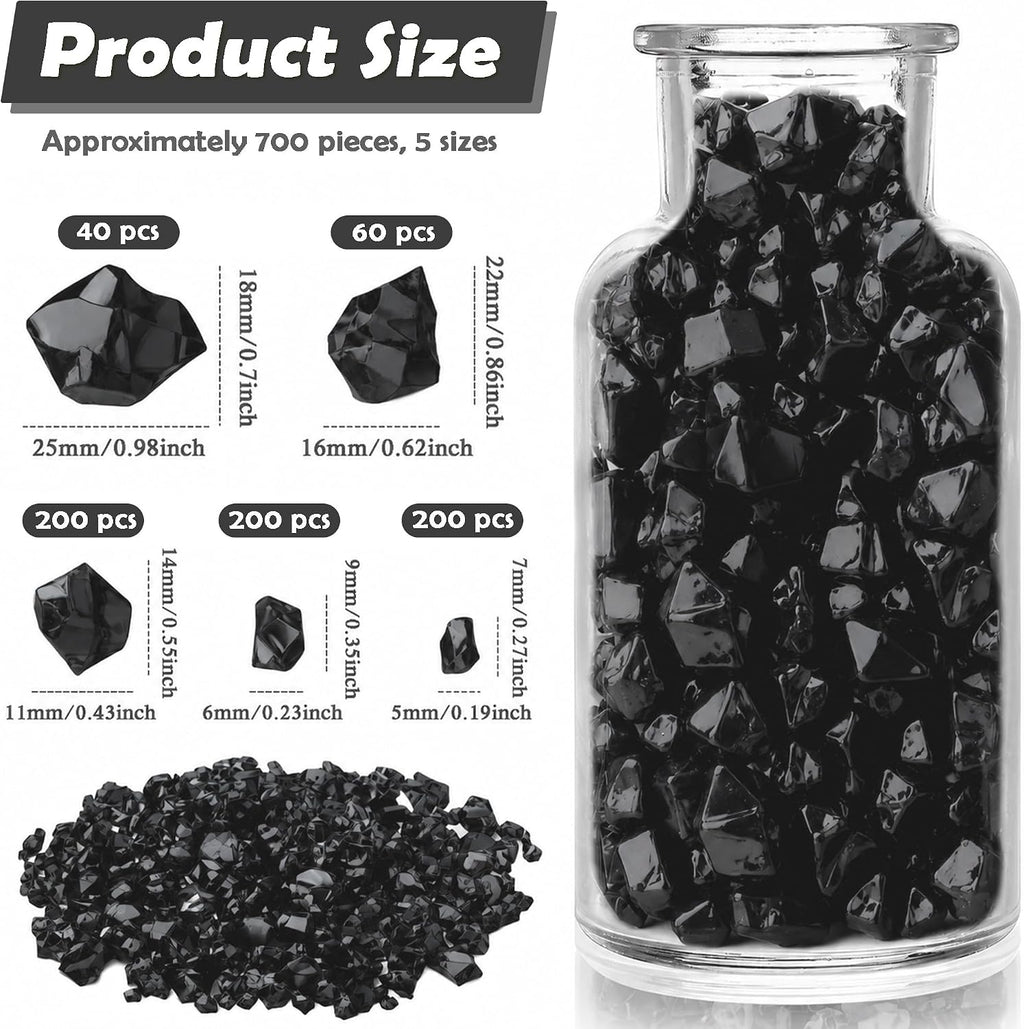 700 Pcs Black Fake Crushed Ice Rocks 5 Sizes Acrylic Diamonds Crystals Gems Vase Fillers for DIY Craft Photography Props Aquarium Tank Table Scatter Home Decoration
