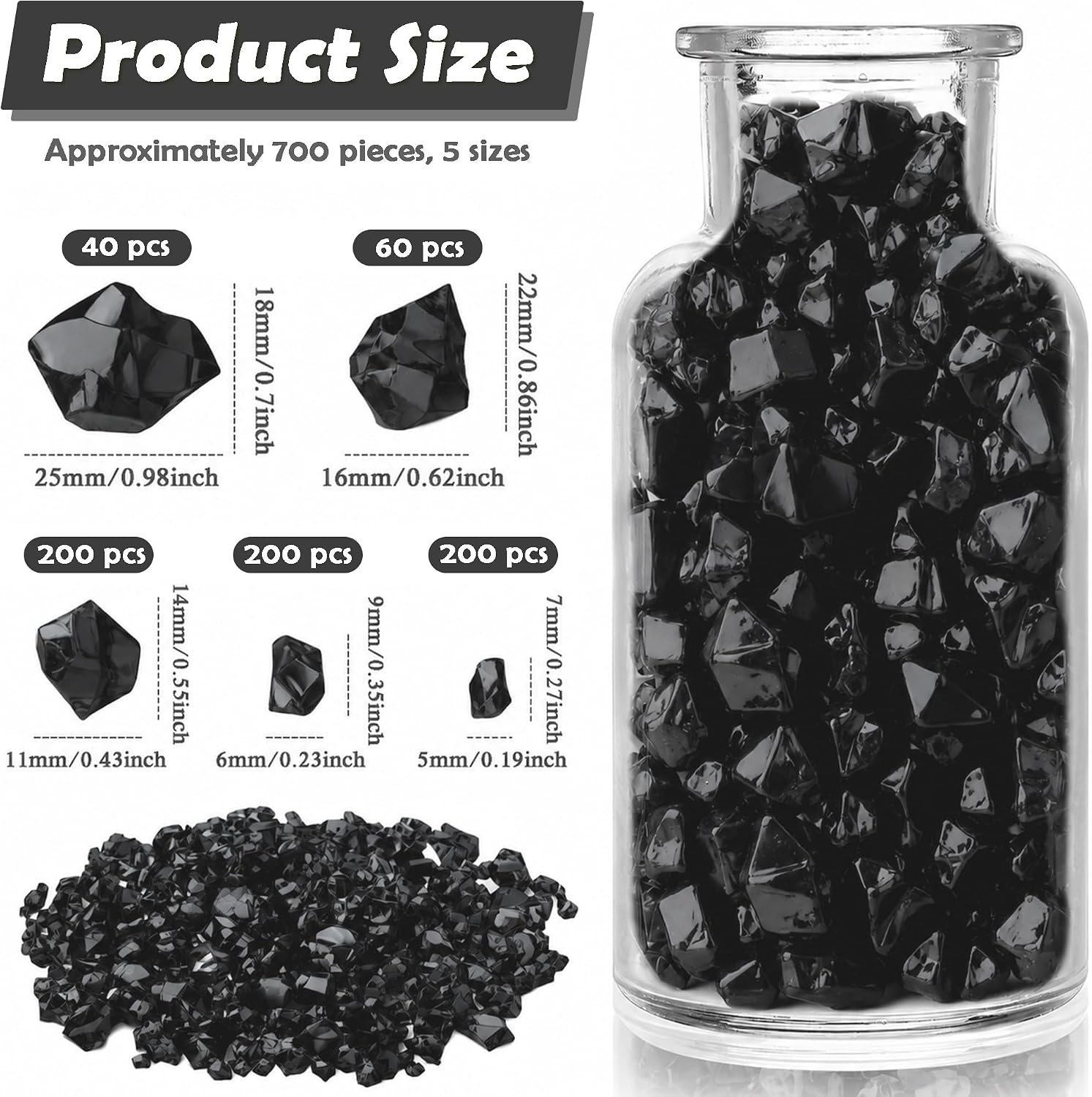 700 Pcs Black Fake Crushed Ice Rocks 5 Sizes Acrylic Diamonds Crystals Gems Vase Fillers for DIY Craft Photography Props Aquarium Tank Table Scatter Home Decoration