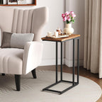 Yusong C Shaped End Table - Slide Under Sofa Couch Bed, Small Table for Small Spaces, Skinny Overbed, Coffee Drink Snack Table for Living Room, Rustic Brown