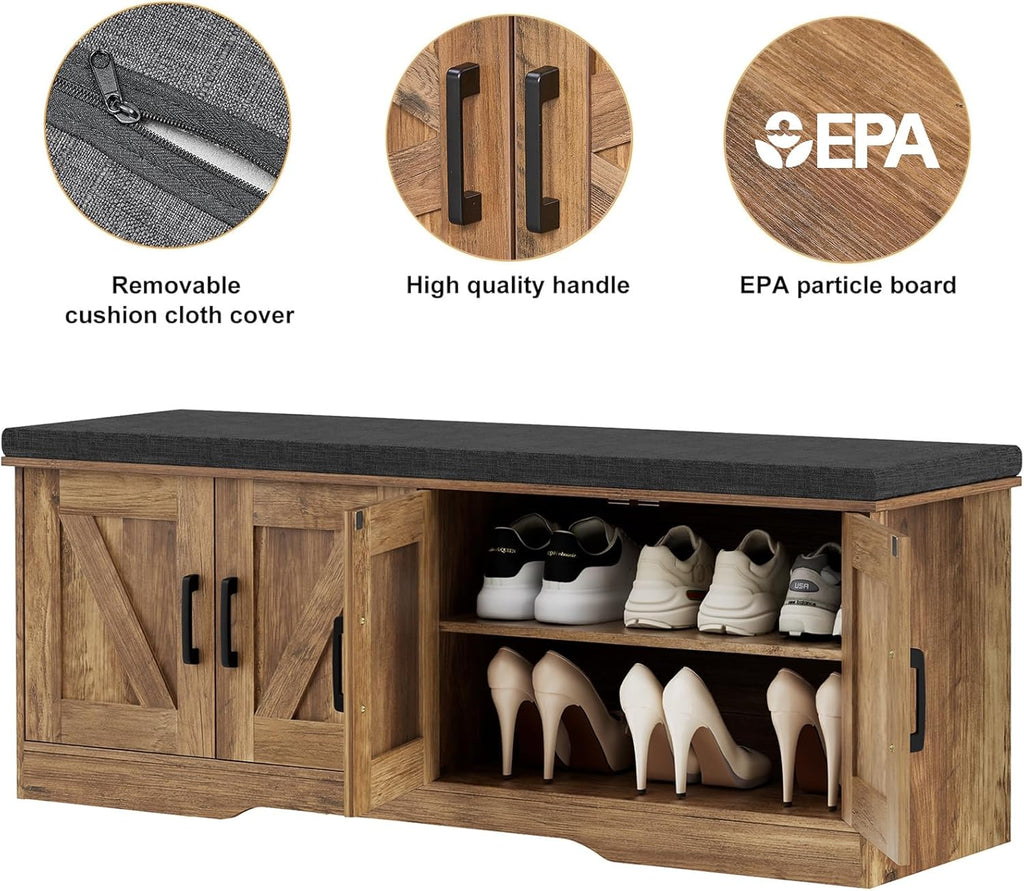 HOMSHO 2-Tier Storage Bench, 47.2" Wide Shoe Bench with Padded Seat Cushion, Entryway Bench with 4 Barn Doors and Adjustable Shelf, Rustic Walnut