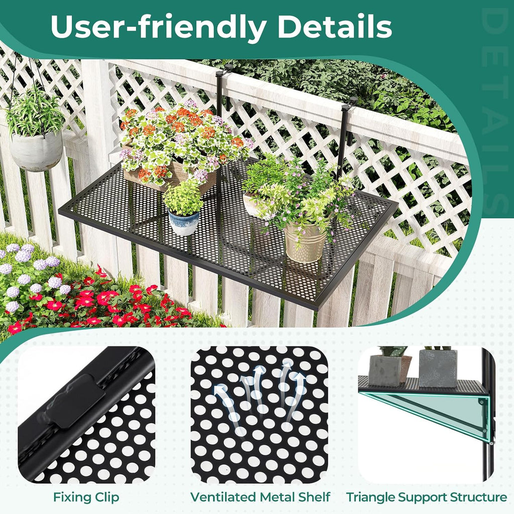 Tangkula Balcony Railing Table, Outdoor Folding Hanging Table with Metal Frame, Space-Saving Bar Serving Table Fits Railings Up to 2.4” Thick for Patio, Porch, Deck