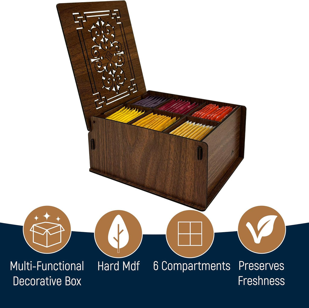 RoyalHouse Premium Wood Tea Storage Box Organizer, Tea Bag Holder Containers (Brown), Eco-Friendly Multi-Functional Decorative Box, 6 Compartments For Assorted Variety Of Small Items