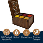 RoyalHouse Premium Wood Tea Storage Box Organizer, Tea Bag Holder Containers (Brown), Eco-Friendly Multi-Functional Decorative Box, 6 Compartments For Assorted Variety Of Small Items
