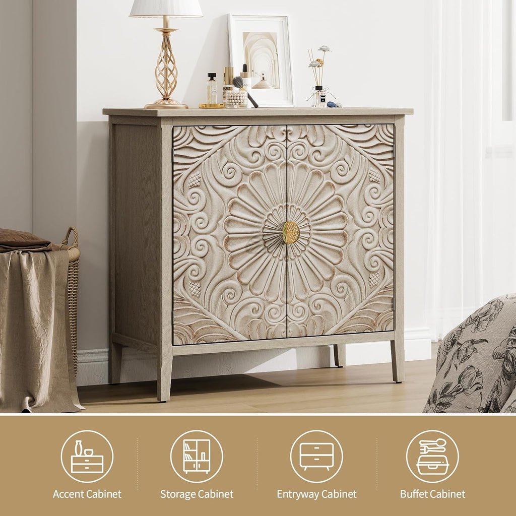 Carved Buffet Cabinet with Floral Pattern & Gold Handle, 31.5" W Distressed Sideboard with 2 Doors & Solid Wood Leg, American Style Accent Cabinet for Living Room, Kitchen, Vintage Color, 1 PC