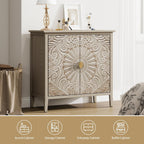 Carved Buffet Cabinet with Floral Pattern & Gold Handle, 31.5" W Distressed Sideboard with 2 Doors & Solid Wood Leg, American Style Accent Cabinet for Living Room, Kitchen, Vintage Color, 1 PC