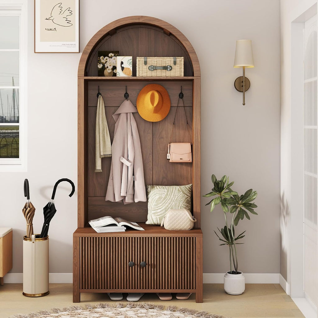 Hall Tree with Bench and Shoe Storage, Entryway Storage Bench with Coat Rack, 70.08" Tall Mudroom Rack with 4 Double Hooks and and 2 Fluted Doors, hall tree with storage for Hallway, Walnut