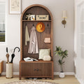 Hall Tree with Bench and Shoe Storage, Entryway Storage Bench with Coat Rack, 70.08" Tall Mudroom Rack with 4 Double Hooks and and 2 Fluted Doors, hall tree with storage for Hallway, Walnut